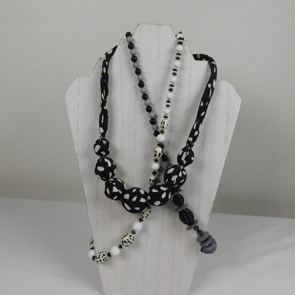 Lot of 3 Black White Gray Necklaces Fashion Jewelry Beads Cloth Similar Lengths